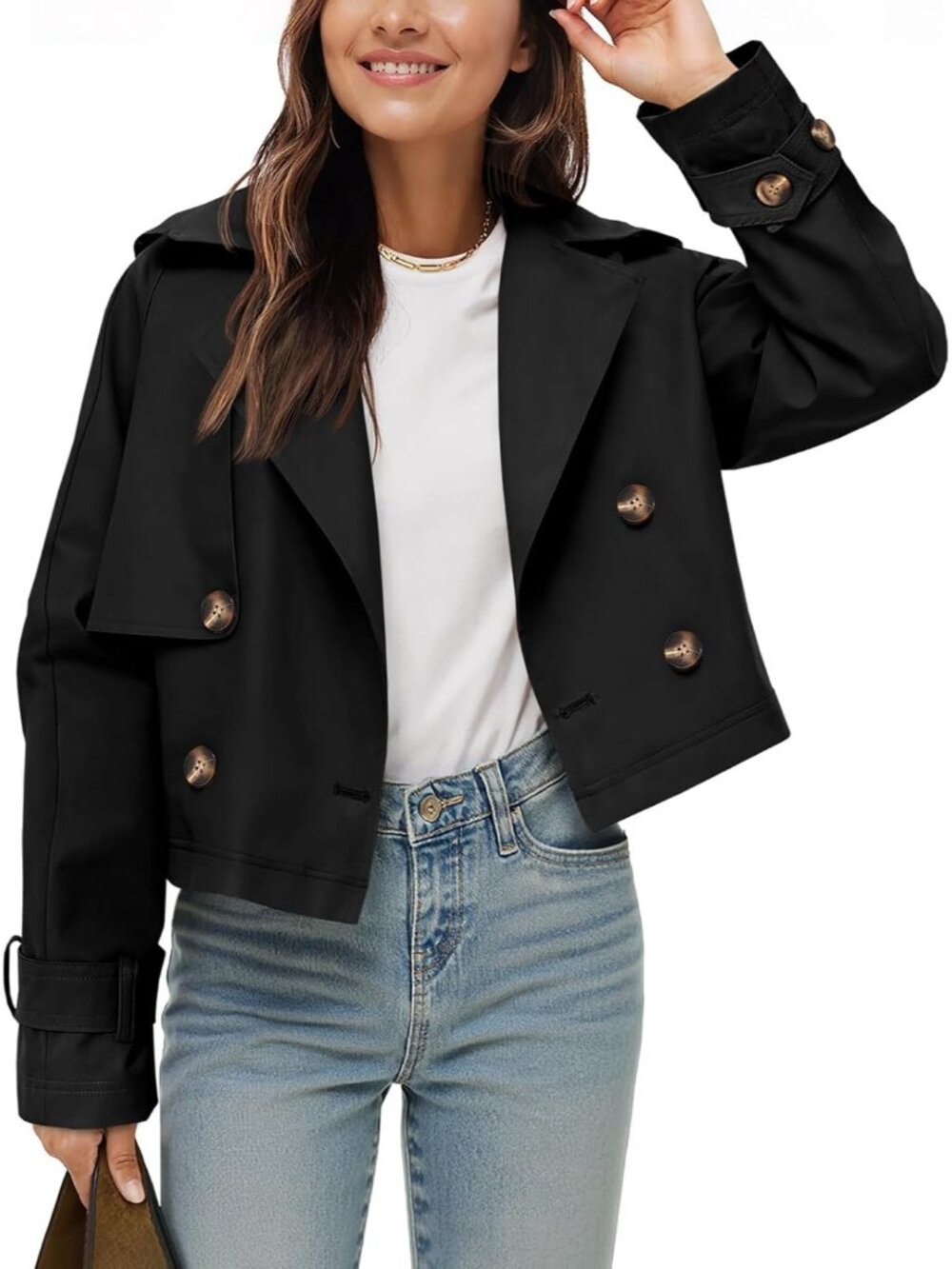Women's Black Cropped Double Breasted Oversized Lapel Collar Short Trench Coat